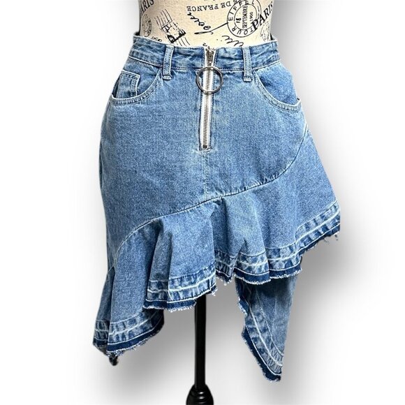 Anthropologie After Market S Ruffle Distressed Asymetrical Denim Mini Skirt Boho - Picture 1 of 8